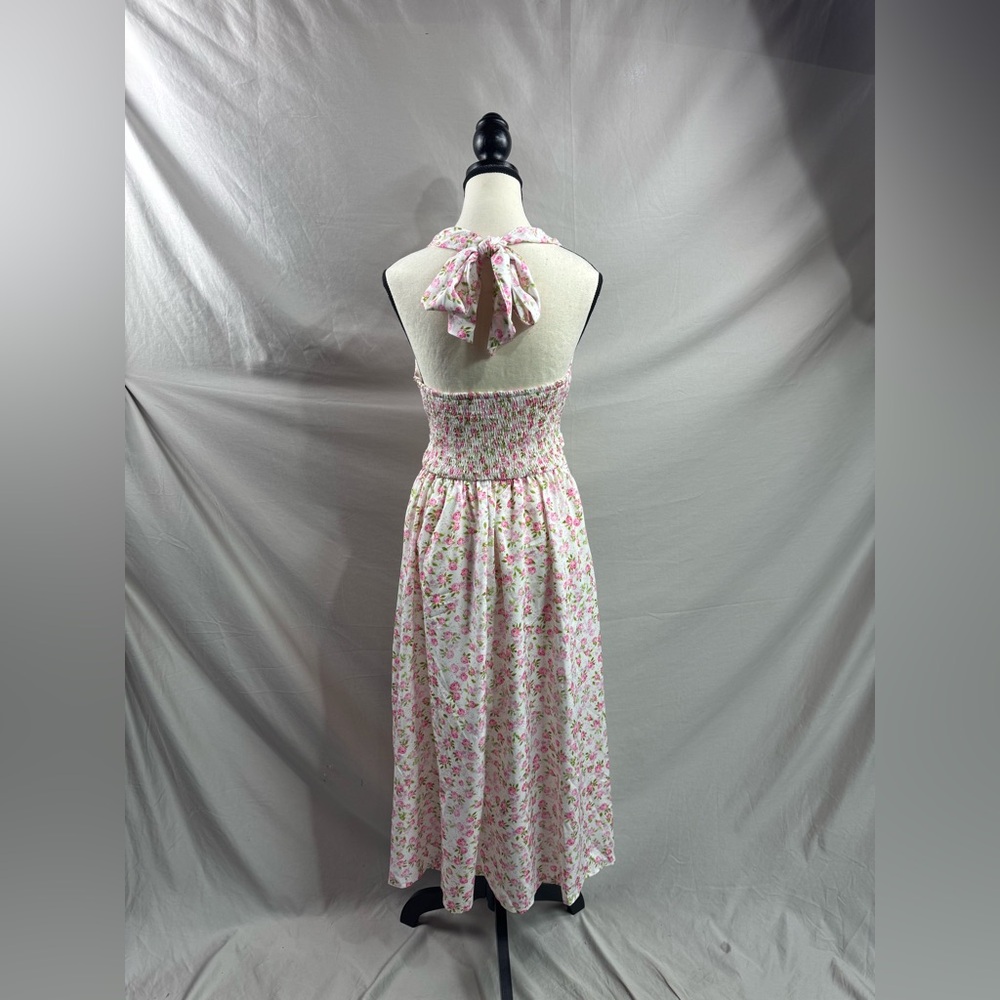 LAST ONE 🔥 White & Pink Rose Floral Halter Midi Dress - Picture 10 of 11